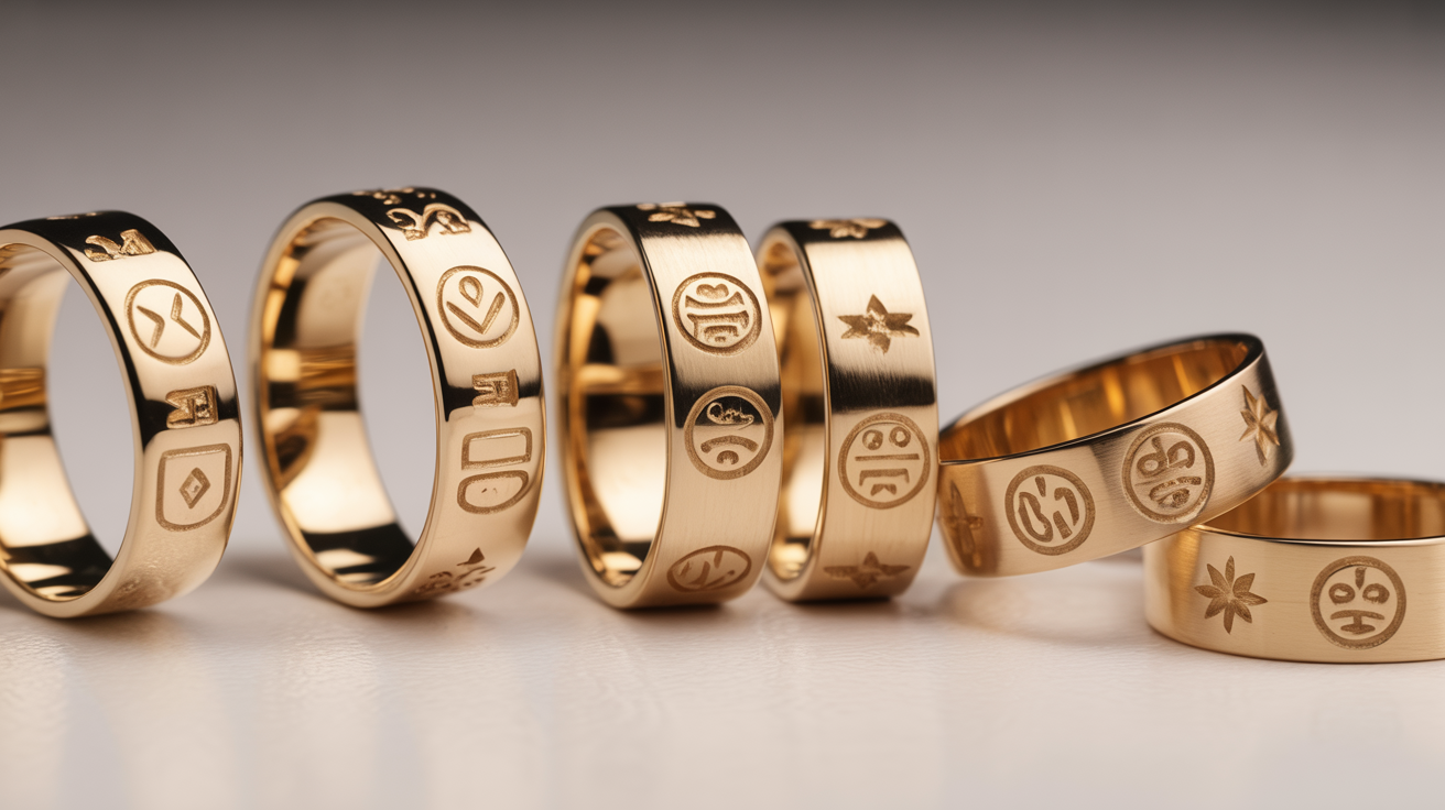 Gold jewelry pieces with hallmark symbols, soft lighting highlights.