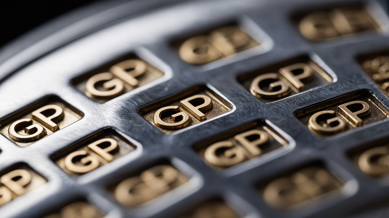 Macro view of jewelry stamps on metal surface indicating gold plating.