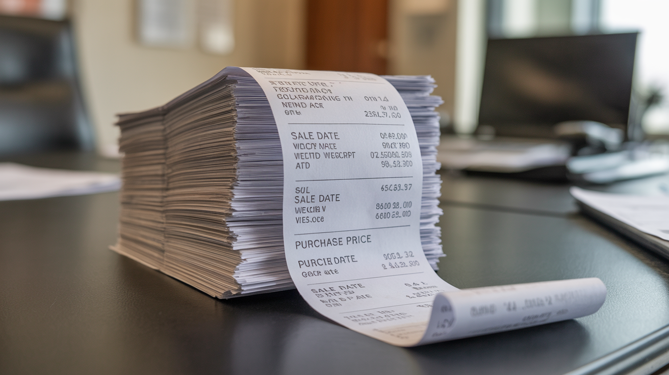 Stack of transaction receipts with sale details on a table.