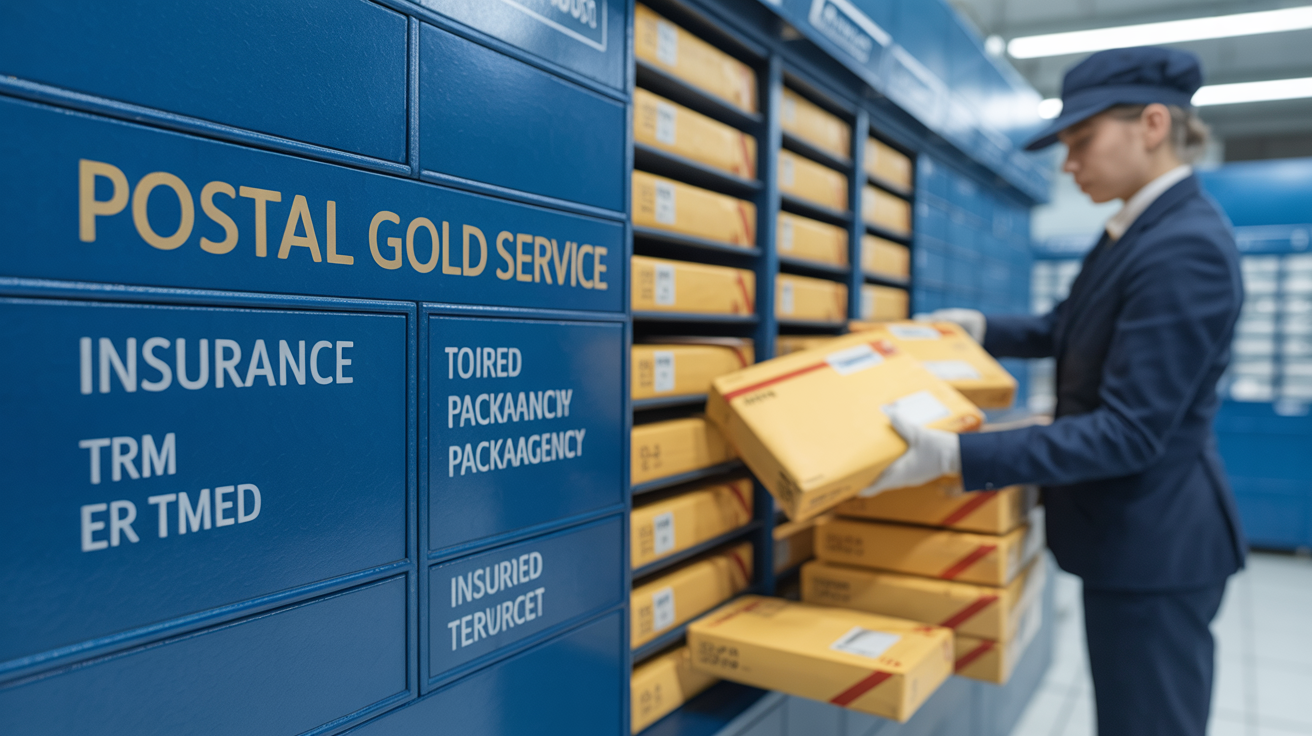Postal worker sorting insured packages with clear terms displayed.