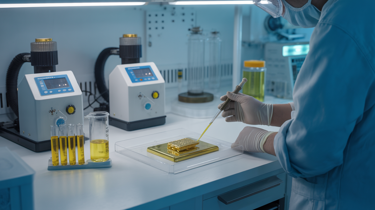 Technician testing gold purity in a refining lab with equipment.