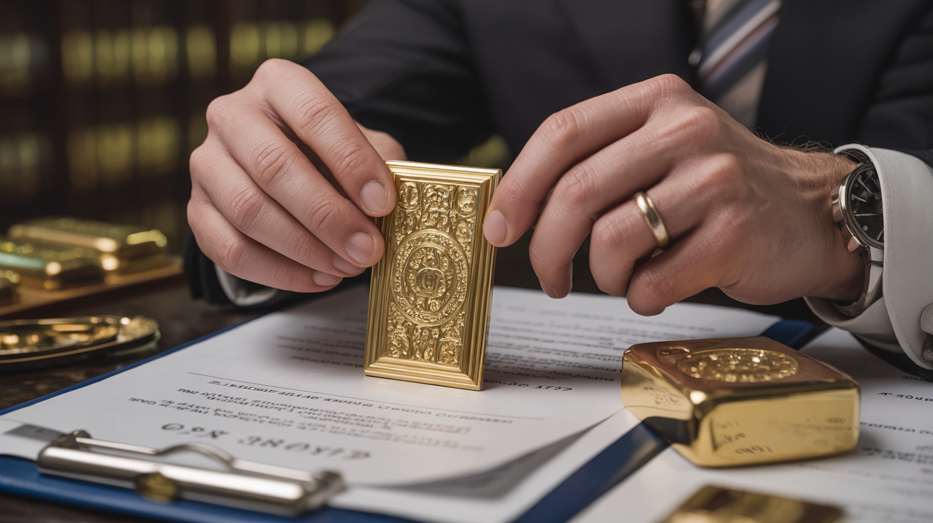 Gold dealer inspecting unmarked gold with legal documents.