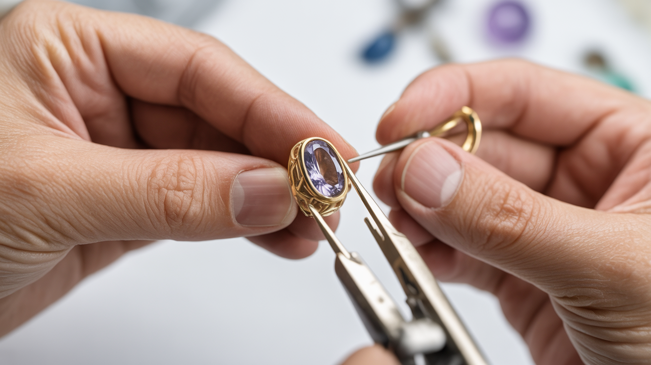 Jeweler removing gemstone from gold earring with tools.