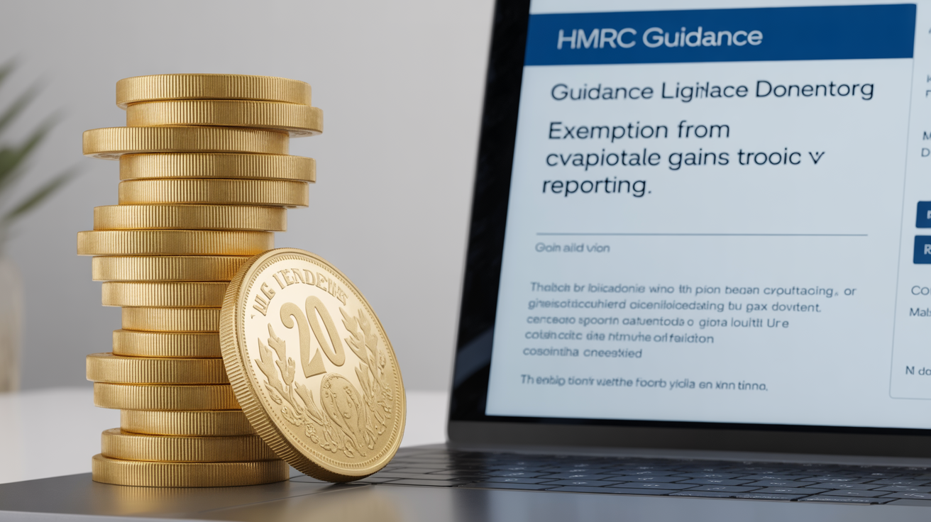 UK gold coins next to a laptop showing HMRC guidance, indicating tax exemption.