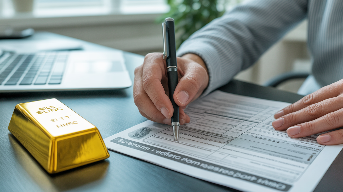 Person completing tax form with gold bar on desk.