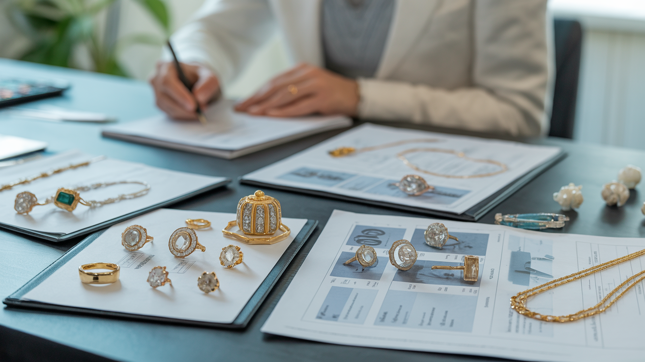 Estate jewellery and documents on table, executor taking notes.