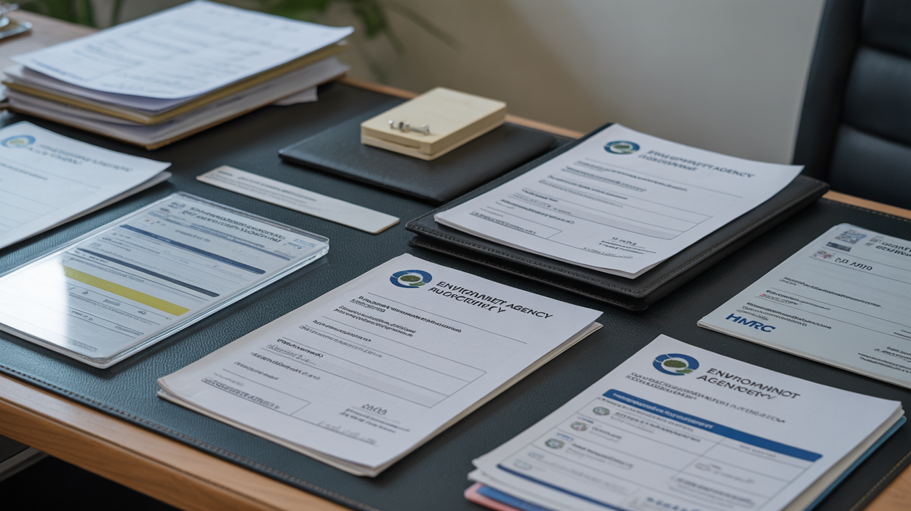 Desk with UK licenses and documents from various authorities.