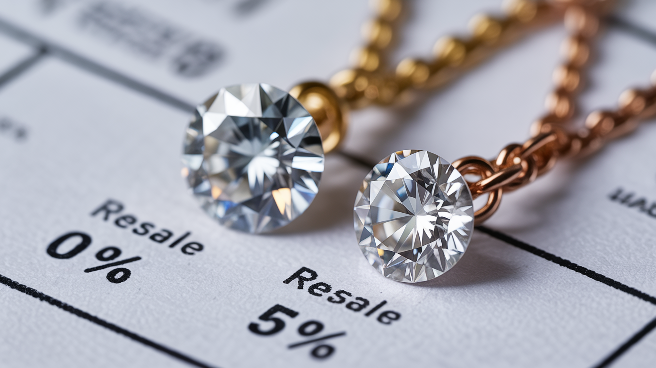 Natural and lab-grown diamonds with price tags showing resale value.