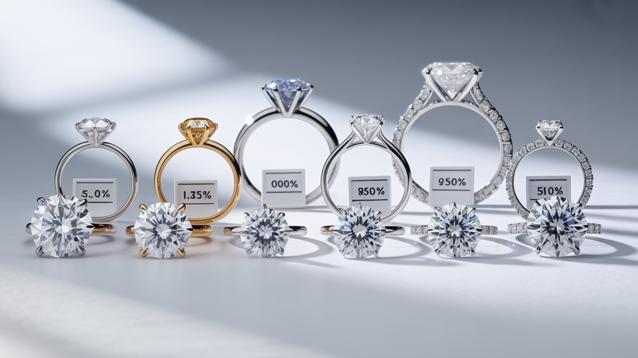 Display of diamond rings with certification and price tags.