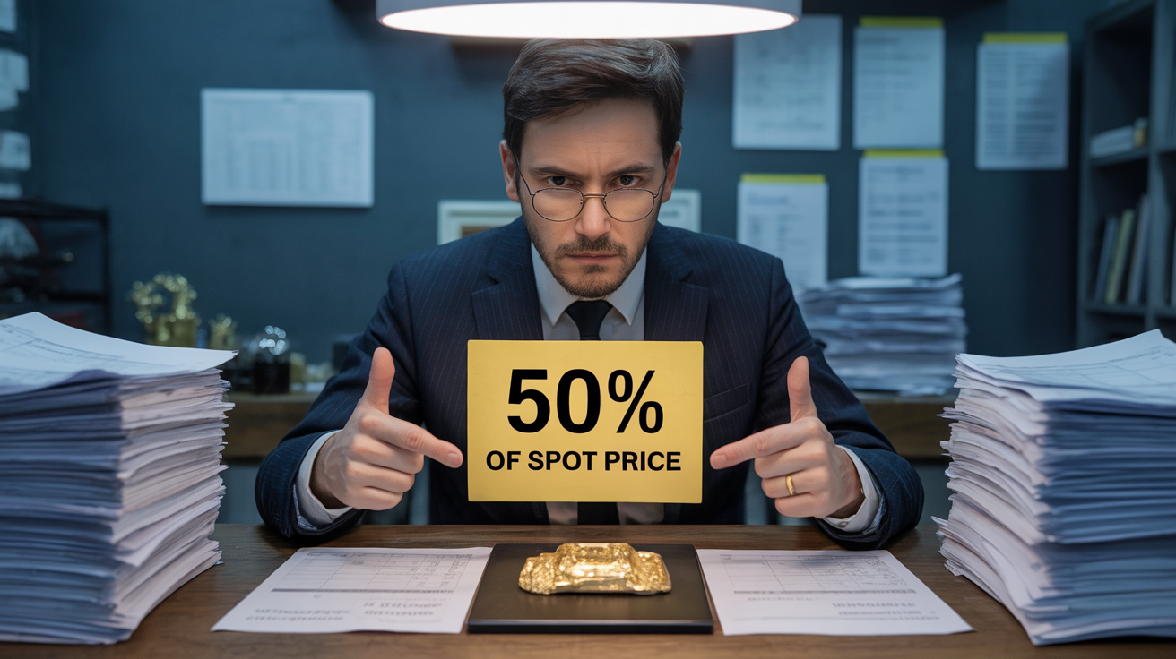 Buyer in a dim office offers low payout for gold item.