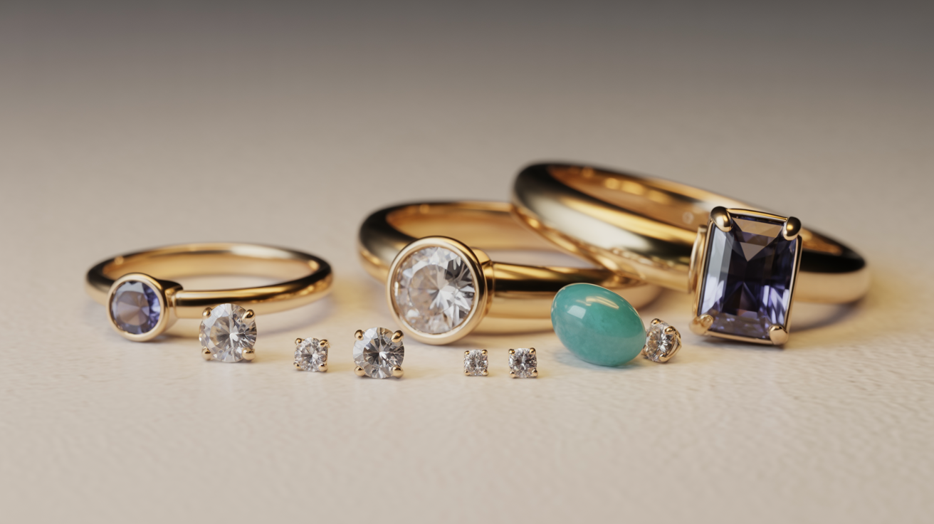 Gold items with gemstones, small diamonds grouped separately.