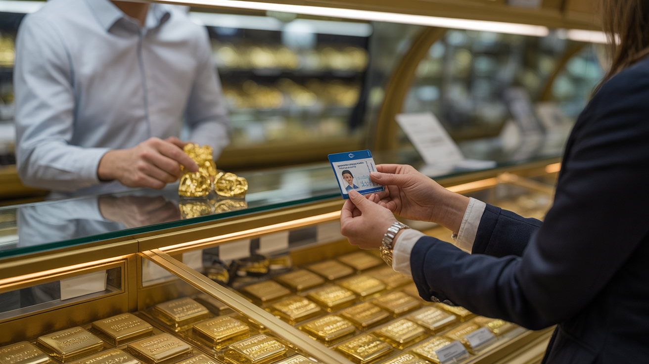 Person presenting ID to clerk in a UK gold shop.