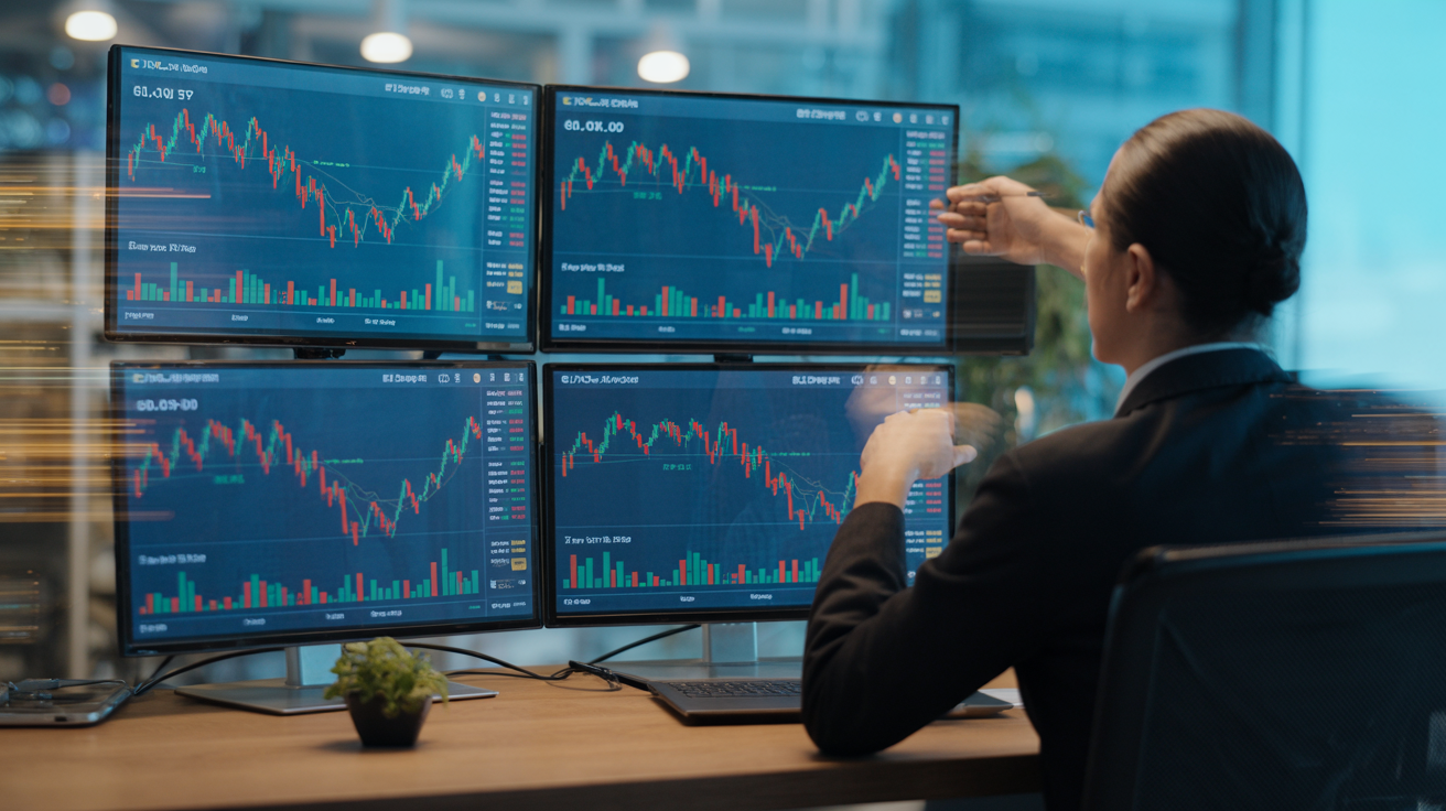 Financial analyst monitoring gold volatility on screens in office.