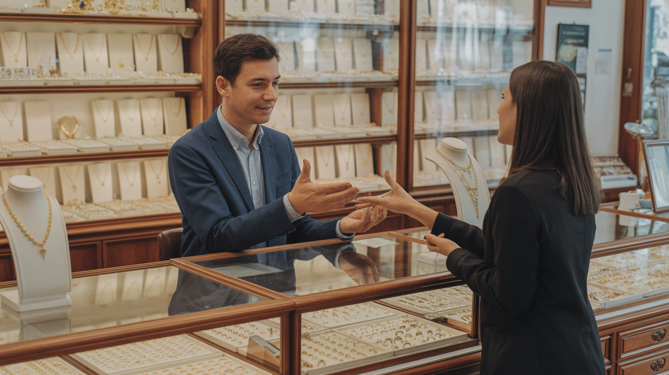 Negotiation over a gold ring in a jeweller's shop.