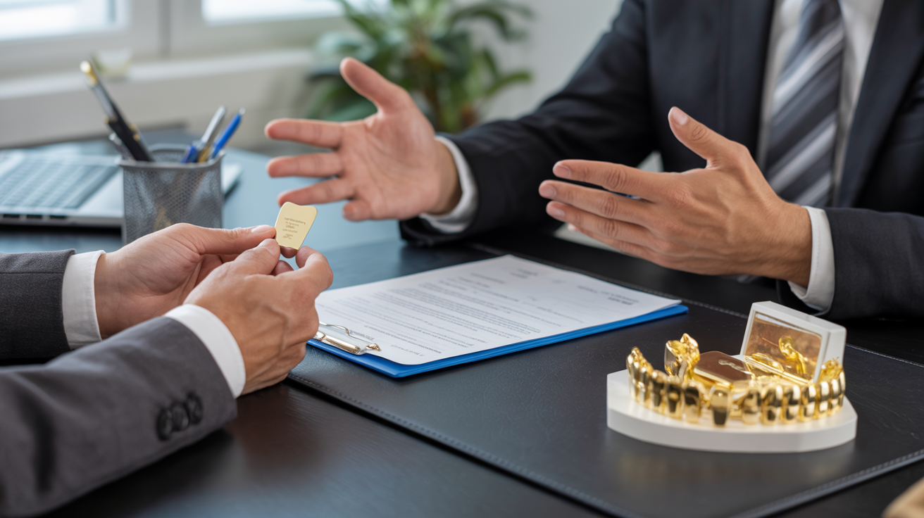 Seller and buyer discussing dental gold sale at a desk with documents.