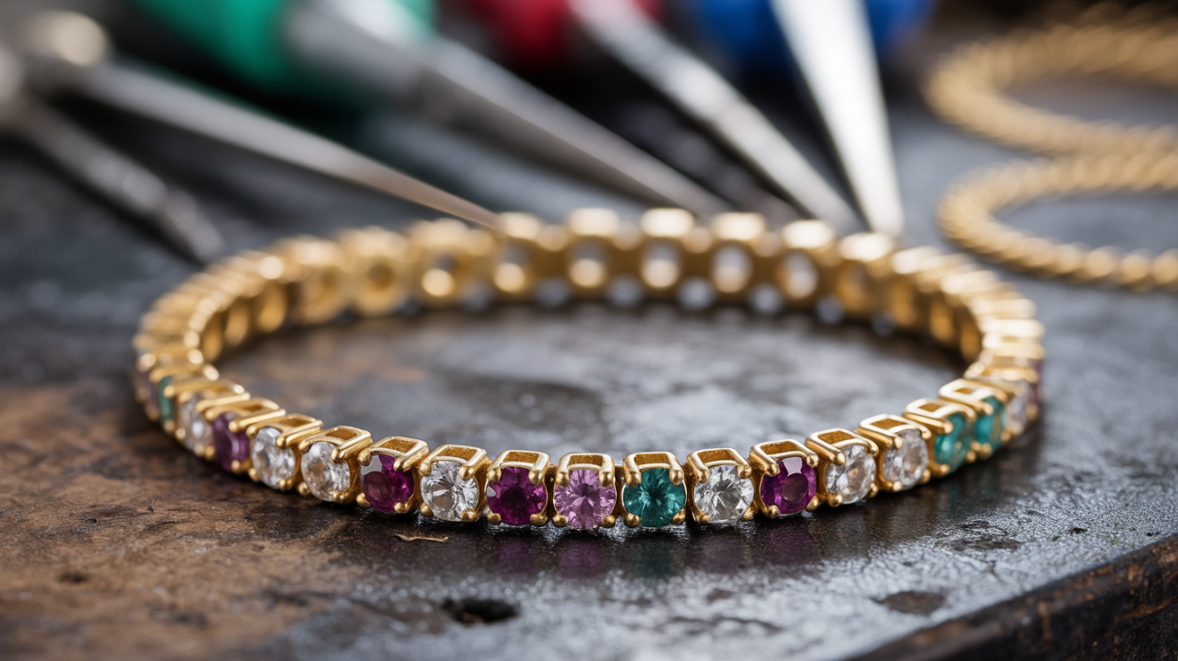 Gemstone-set gold chain on a bench with tools for stone removal.