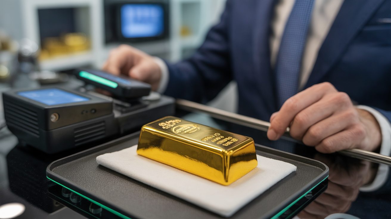 Gold bar being evaluated by a bullion dealer with verification equipment.