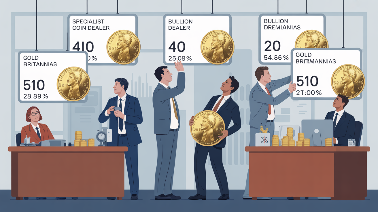 Signs for coin and bullion dealers, with premium rates in office.