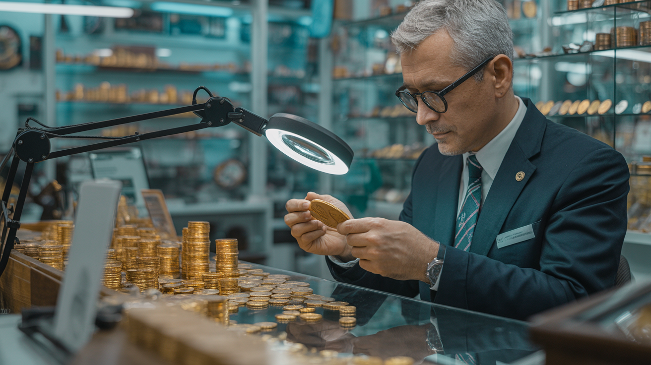 Specialist examining gold coins in a coin dealer's shop with tools.