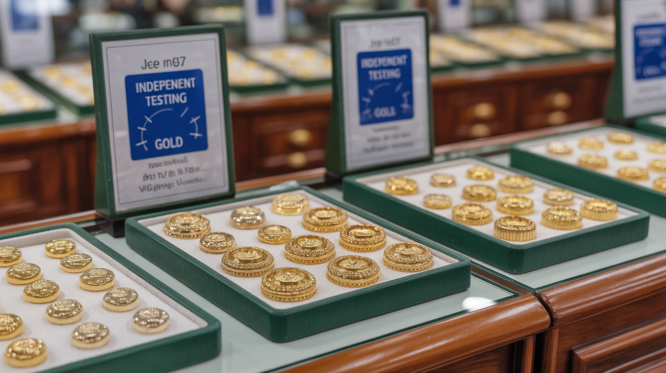 Jewelry counter with marked and unmarked gold, testing equipment nearby.