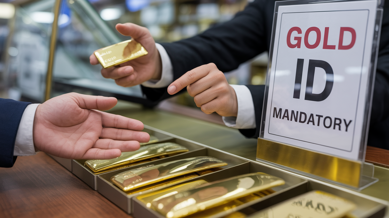Person refused gold sale without ID, clerk pointing to sign.