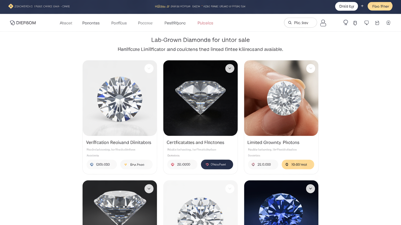Online marketplace listing lab-grown diamonds with verification details.