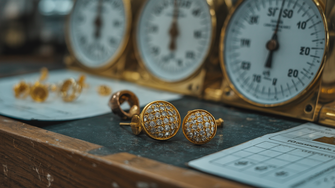 Single gold earrings assessed at a scrap dealer's counter.