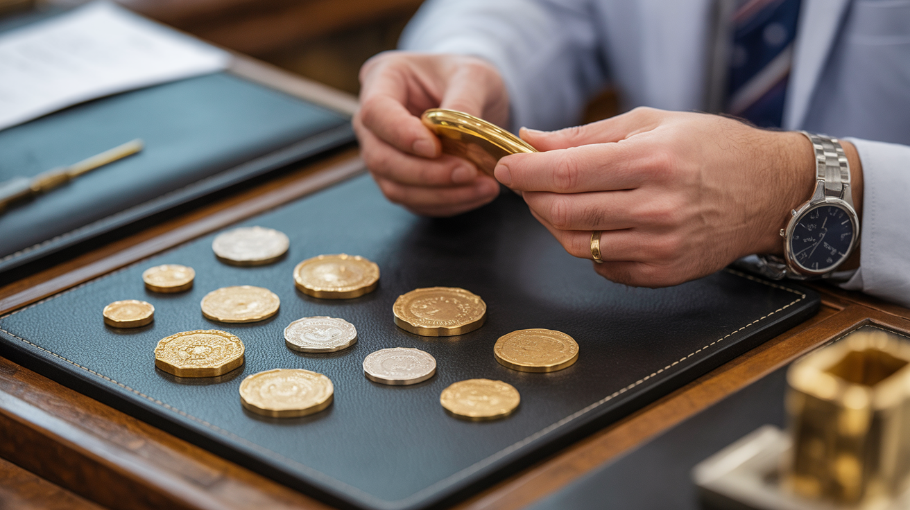 Gold buyer examining unhallmarked gold items on a desk.