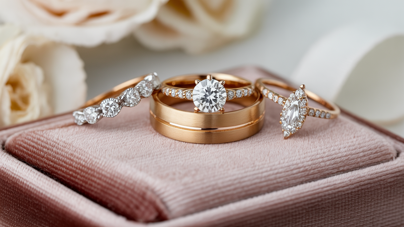 Wedding set with engagement and wedding rings on velvet.