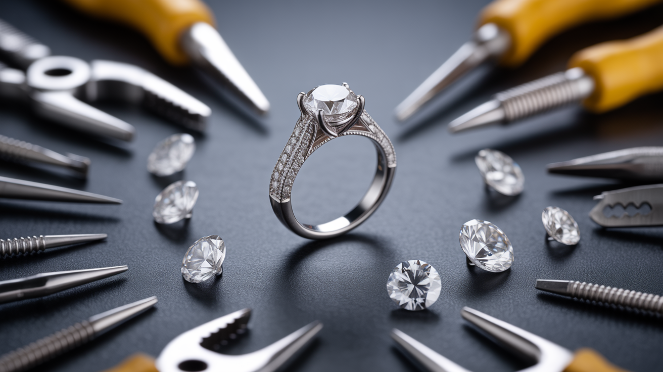 Engagement ring with small diamonds and dismantling tools illustrating selling options.