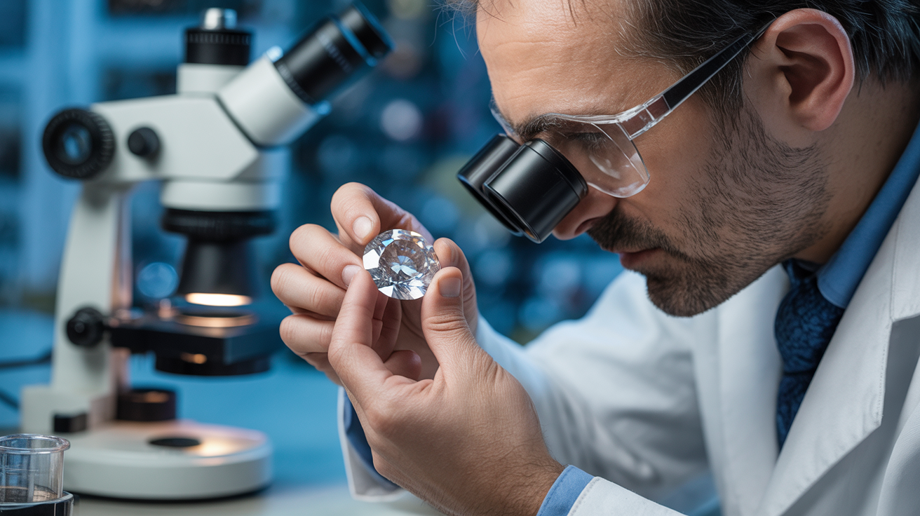 Jeweler using a magnifying loupe to inspect a diamond's facets.