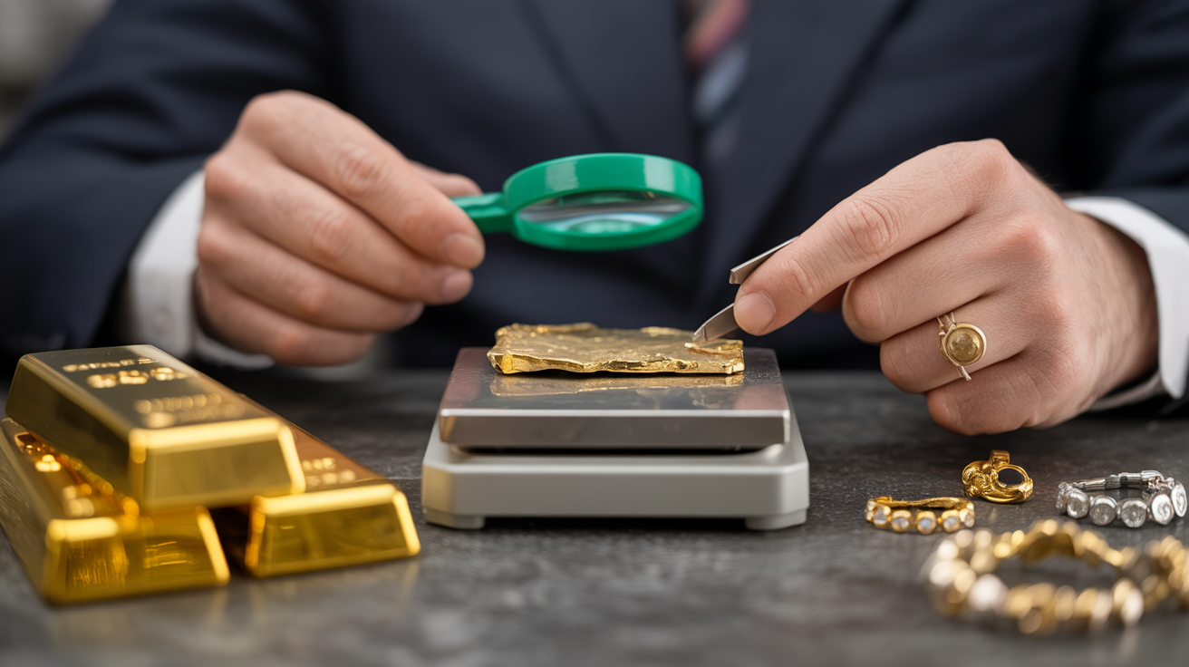 Specialist dealer testing gold with a magnifying tool and scale, surrounded by gold items.