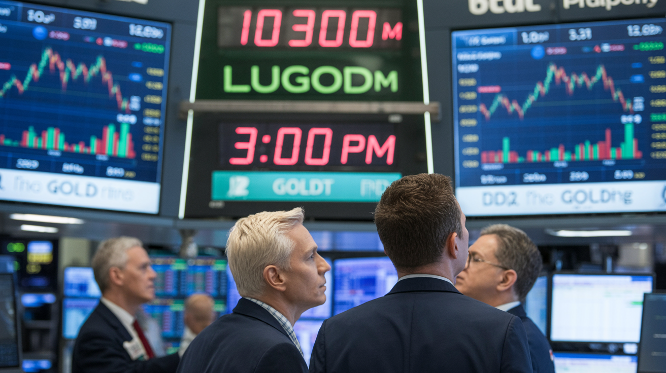 Traders watch screens showing gold prices at specific times.