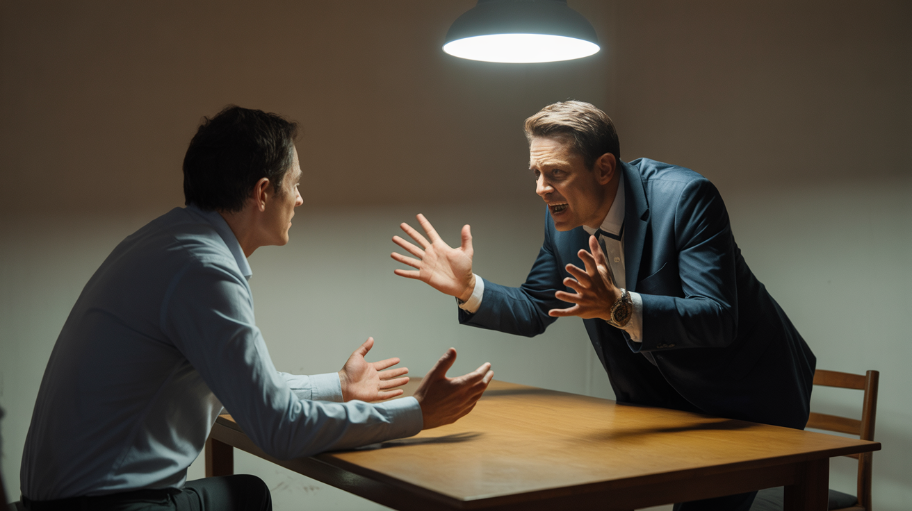Tense negotiation with high-pressure buyer in dim room.