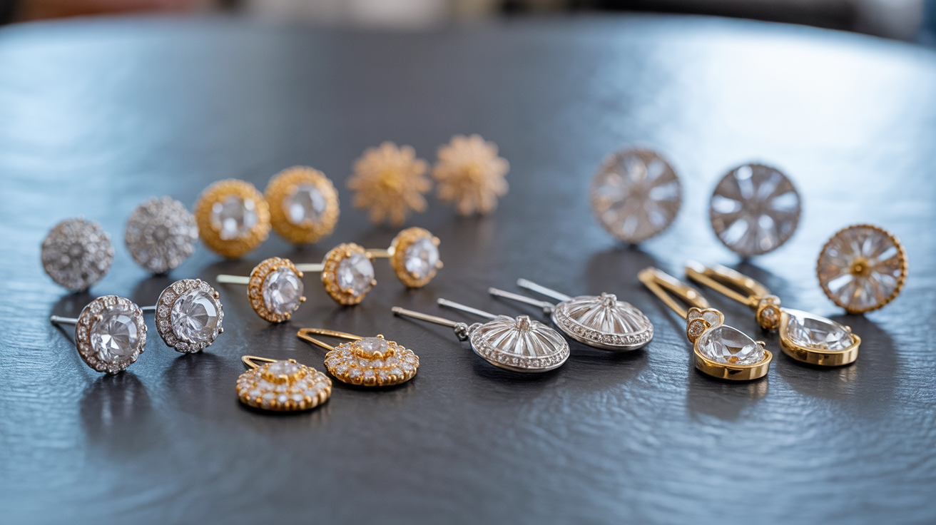 Stud and drop earrings on a table, highlighting design differences.