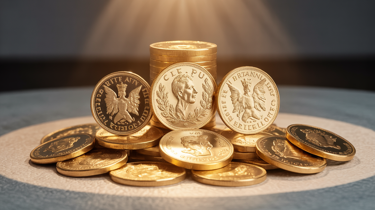 UK gold sovereigns and britannia coins on table with spotlight.