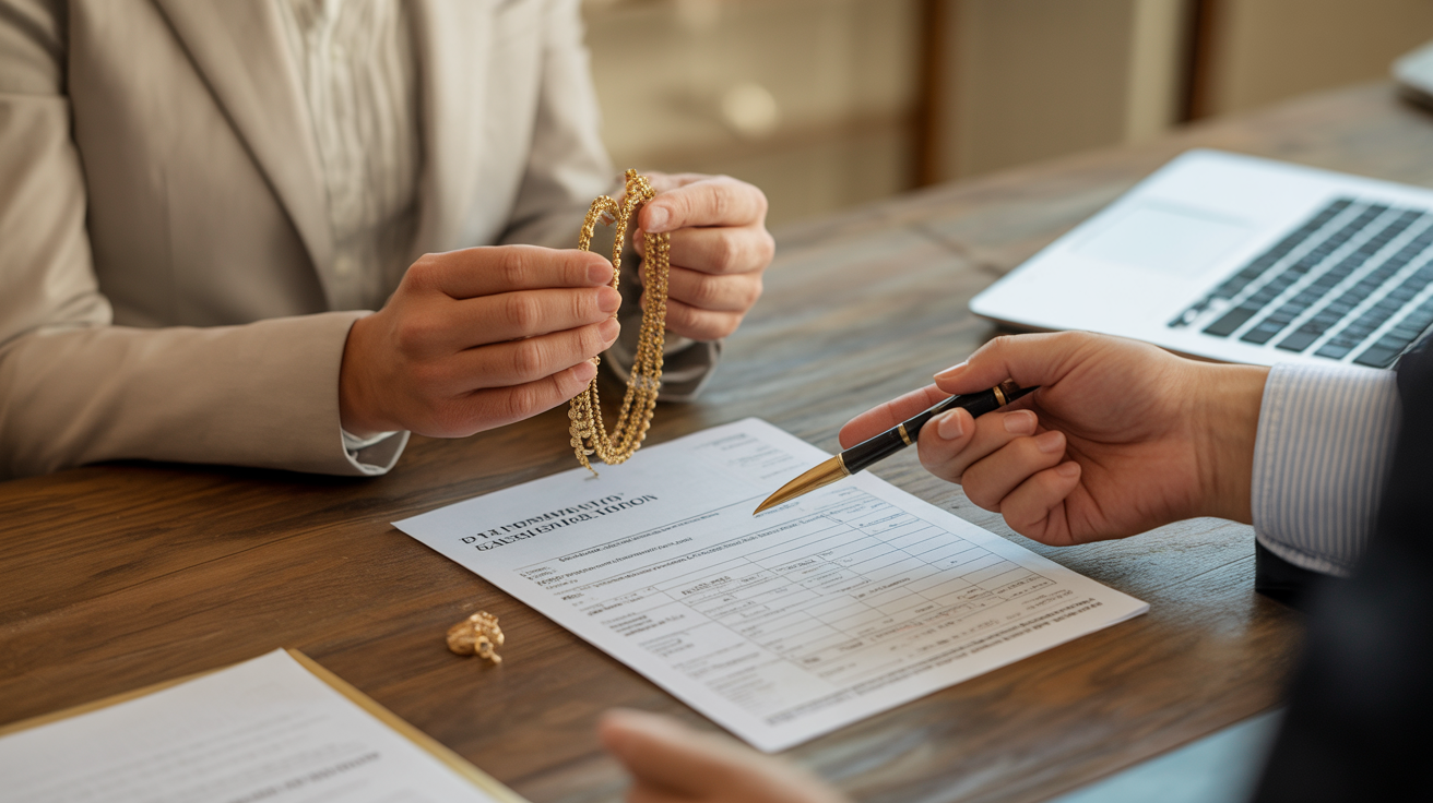 Person consulting a tax advisor about gold jewelry in an office.