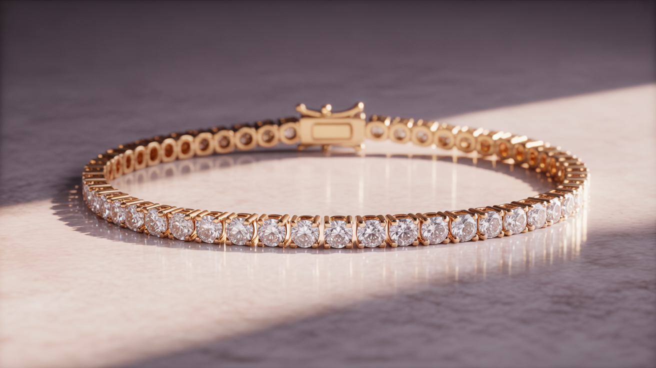 Tennis bracelet with sparkling diamonds, soft lighting, emphasizing quality.