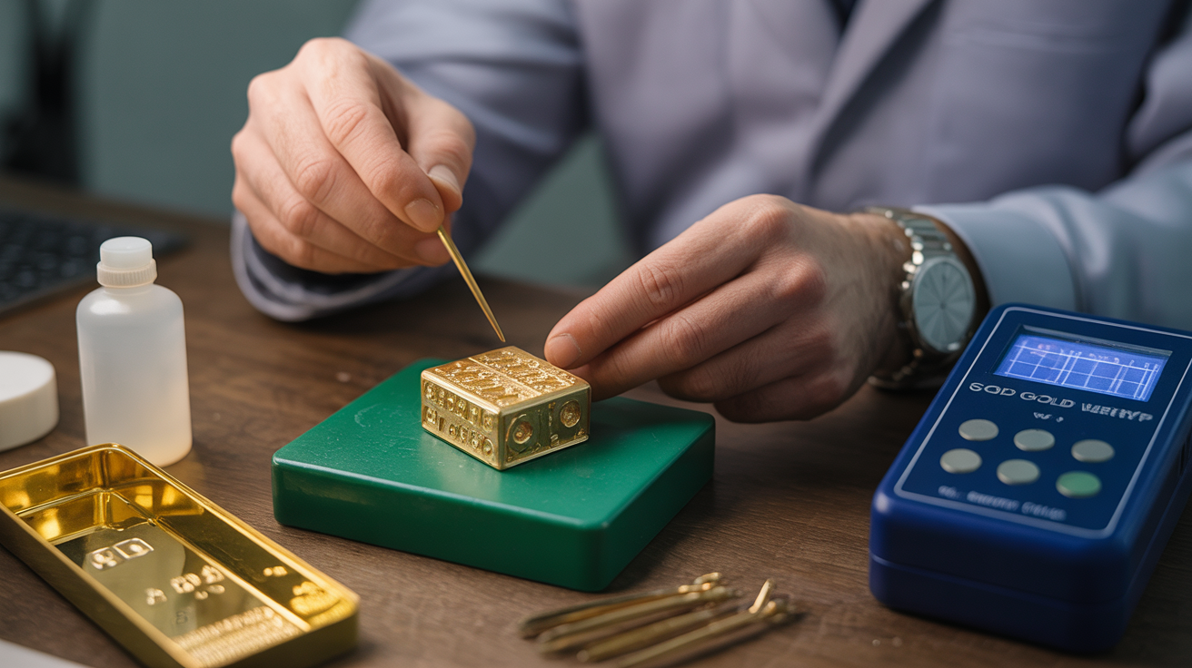 Gold buyer performing acid test on gold piece with equipment.