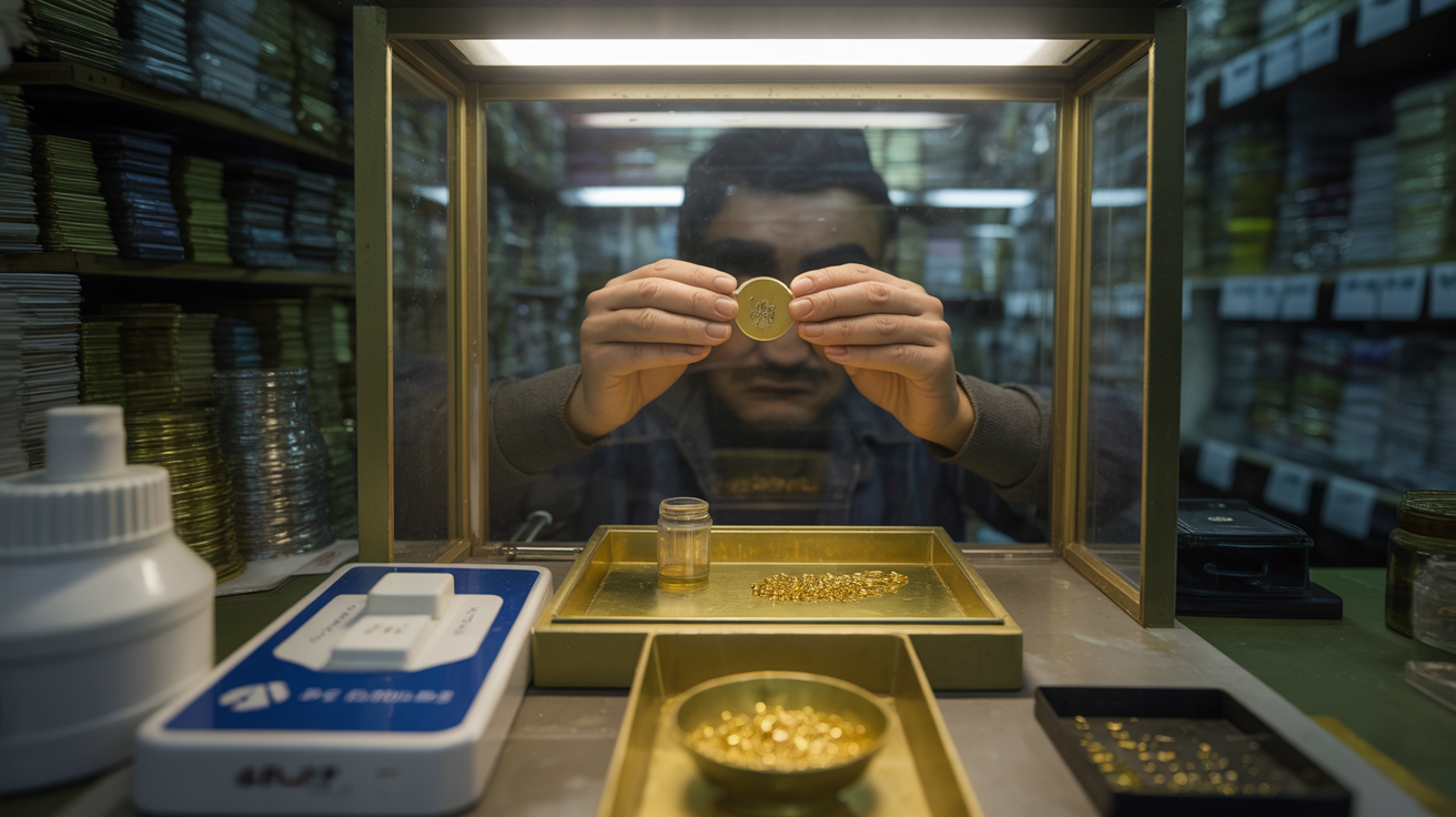 Gold testing area with concealed tests behind screen, cluttered and poorly lit