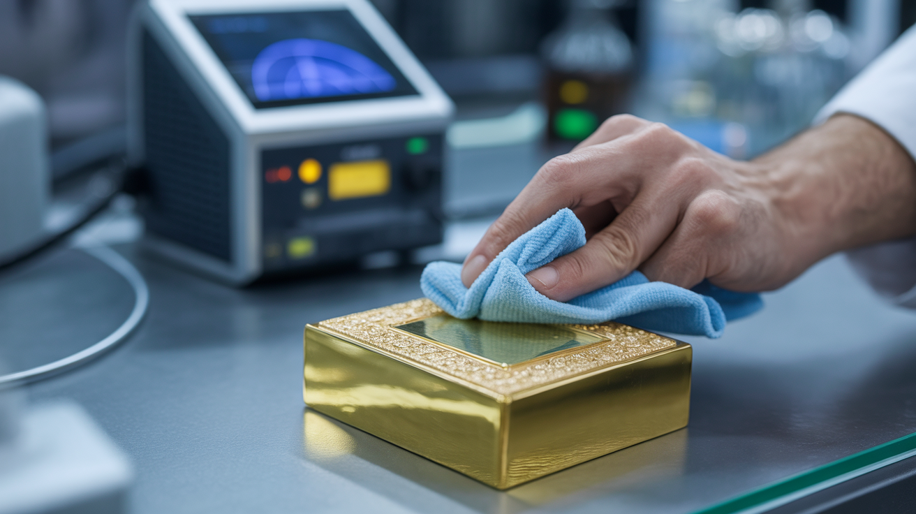 Jeweler cleaning gold surface for XRF testing in a clean workspace.