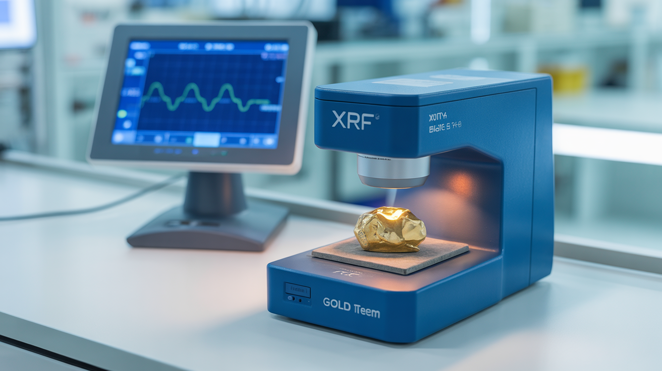 XRF device testing gold purity in a laboratory.