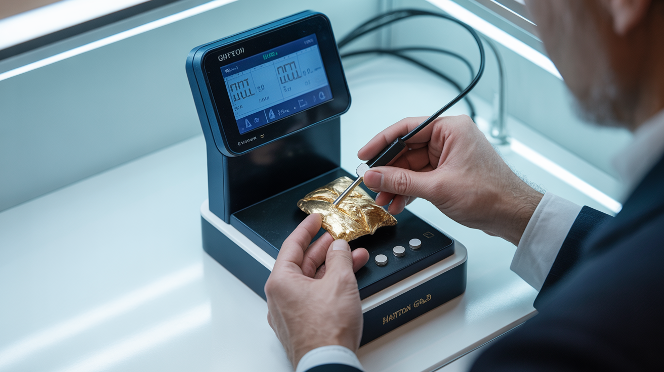 Dealer performing electronic gold purity test inside a shop.