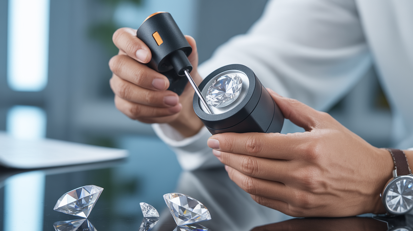 Buyer using a diamond tester on a stone in a well-lit setting.