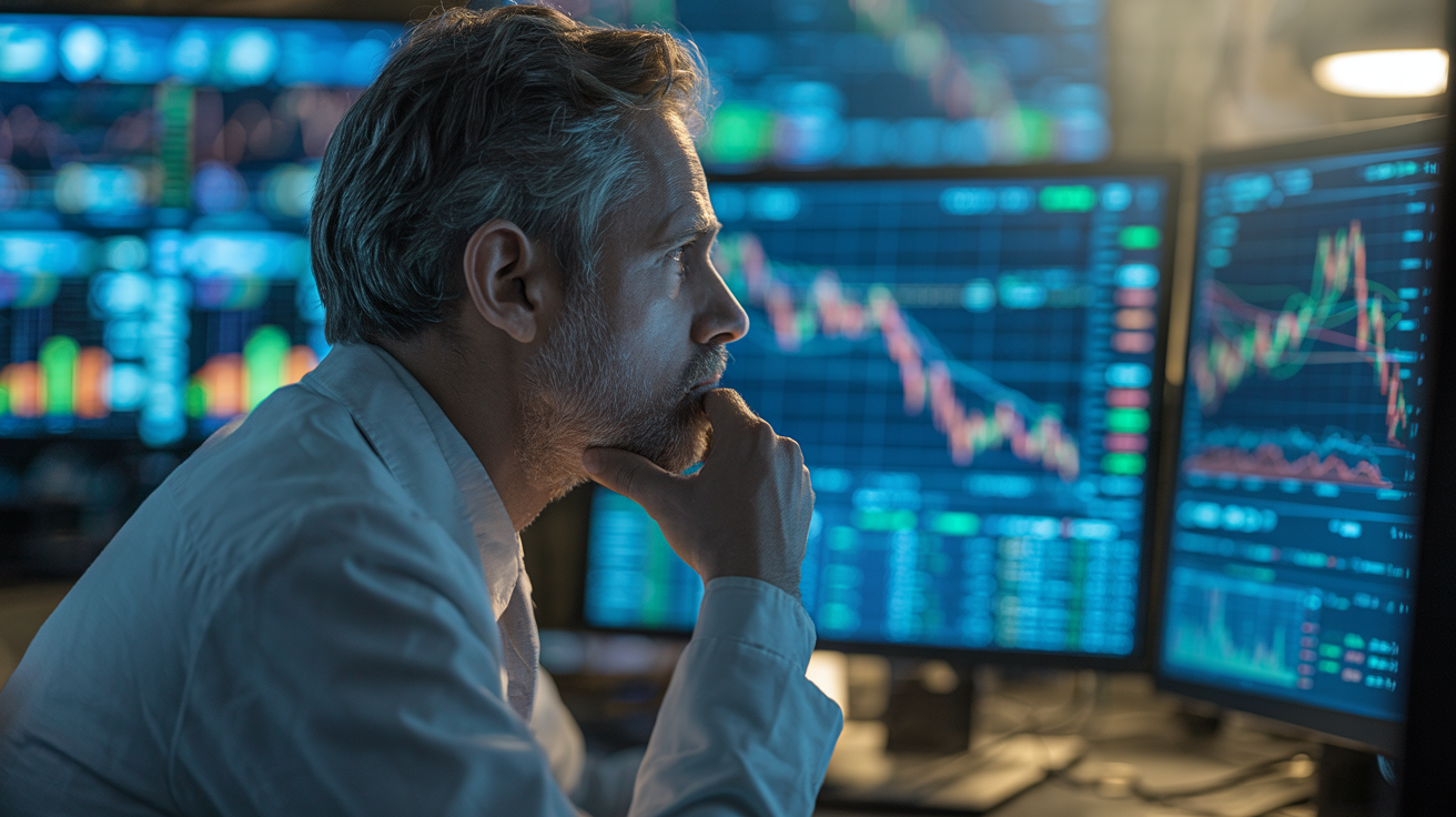 Gold trader at computer contemplating market timing with graphs on screens.
