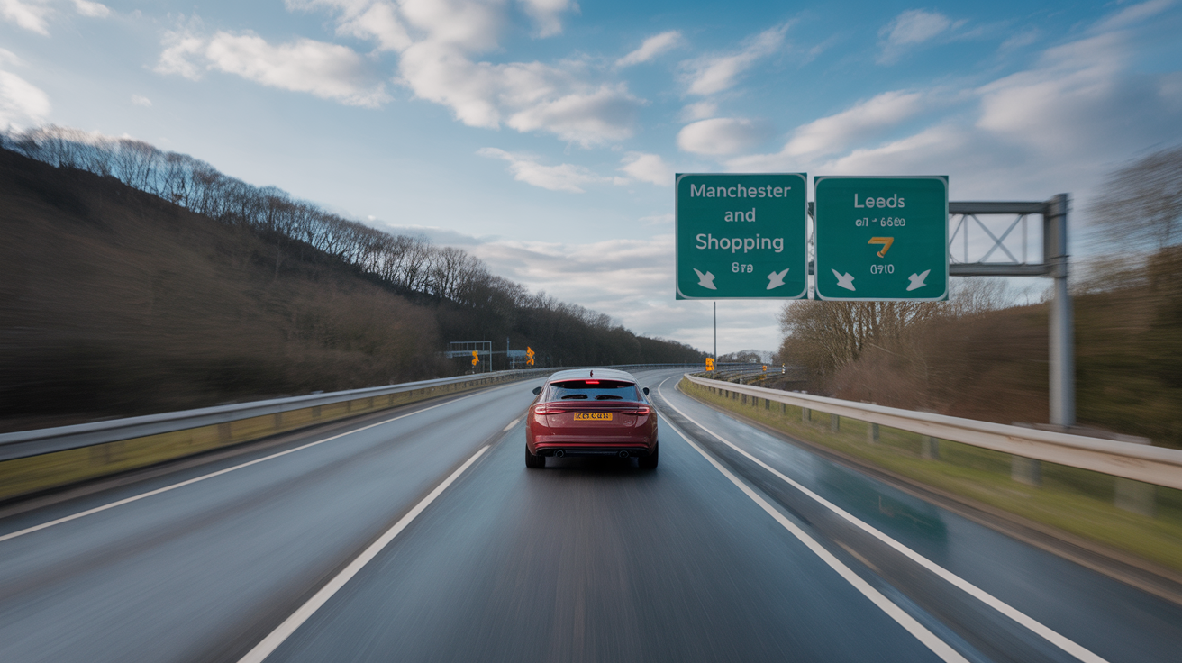 Car on highway between Manchester and Leeds, suggesting travel.
