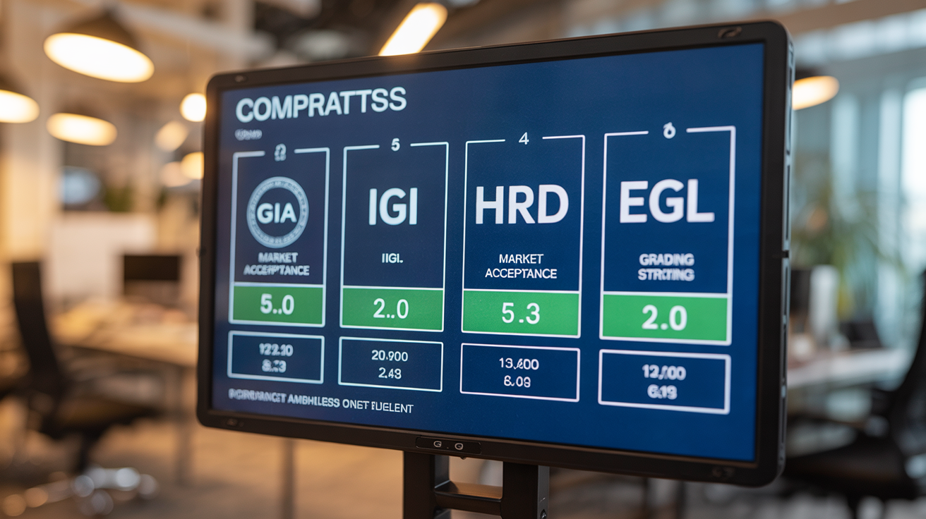 A digital screen with logos of GIA, IGI, HRD, and EGL showing grading data.