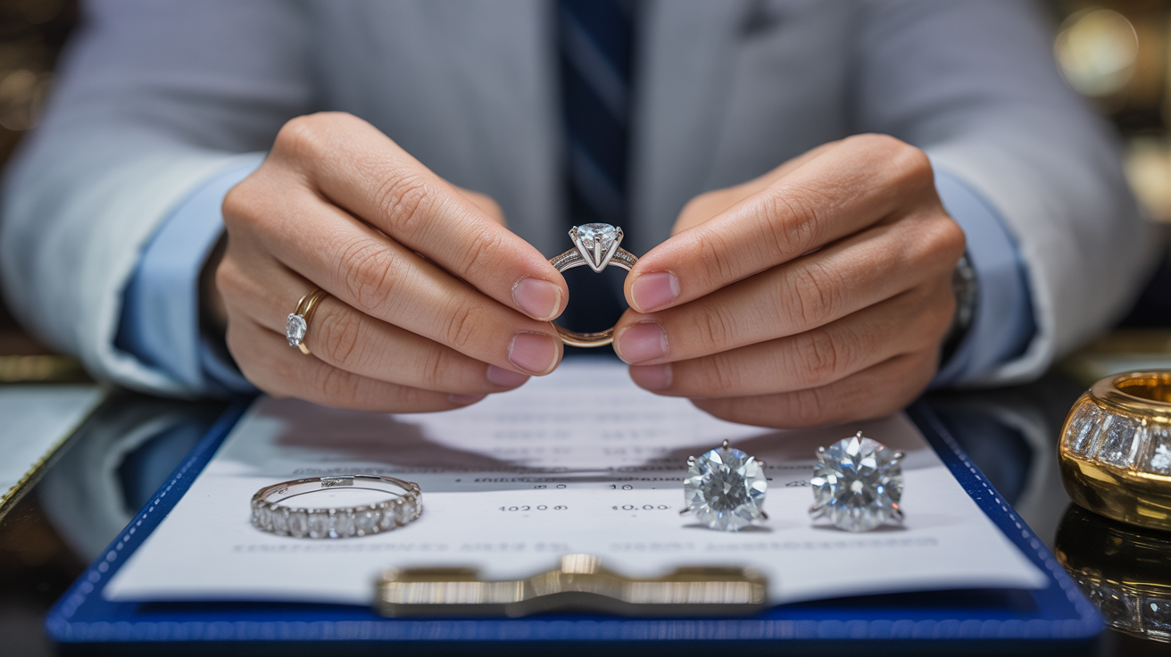 Jewelry appraiser evaluating diamond ring with focus on documentation.
