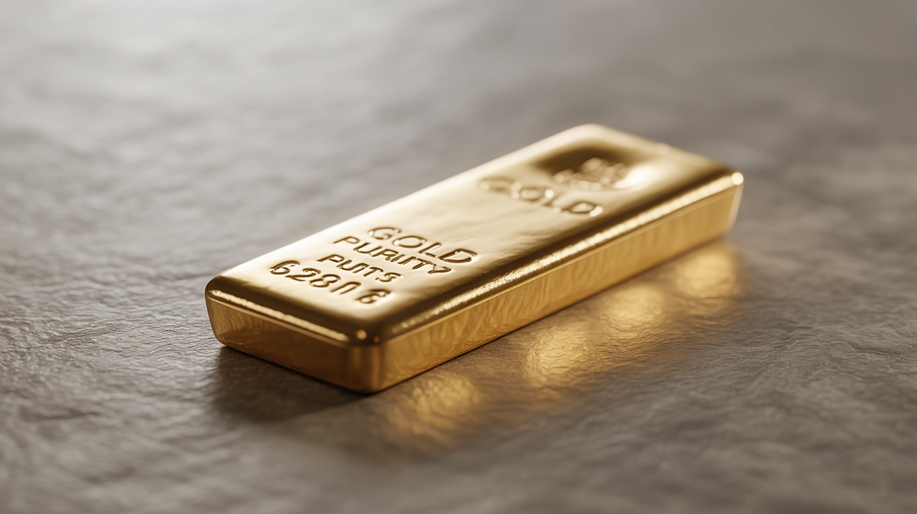Close-up of a rectangular gold bar with engraved details.