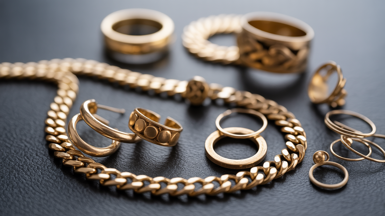 Broken chains, single earrings, damaged rings laid out on table.
